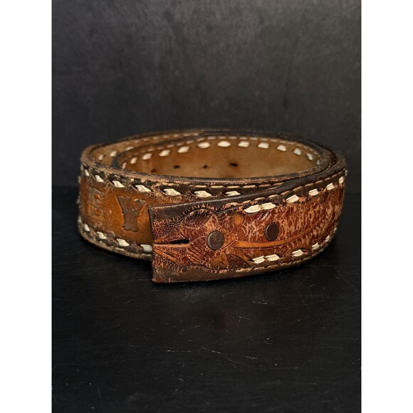 Vintage Tooled Leather Bradley Engraved Belt Rustic Western Design Size 30 main image 6